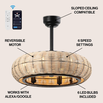 Cassidy 23" 6-Light Modern Bohemian 6-Speed Metal/Rattan Mobile-App/Remote-Controlled Height-Adjustable Lantern LED Ceiling Fan - JONATHAN Y